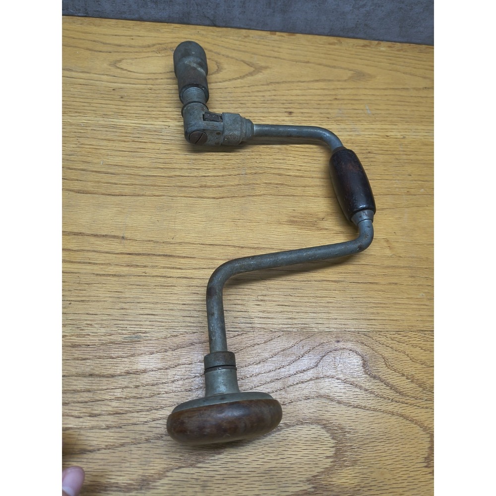 Vintage Manual Hand Crank Drill w/ Wood Handles